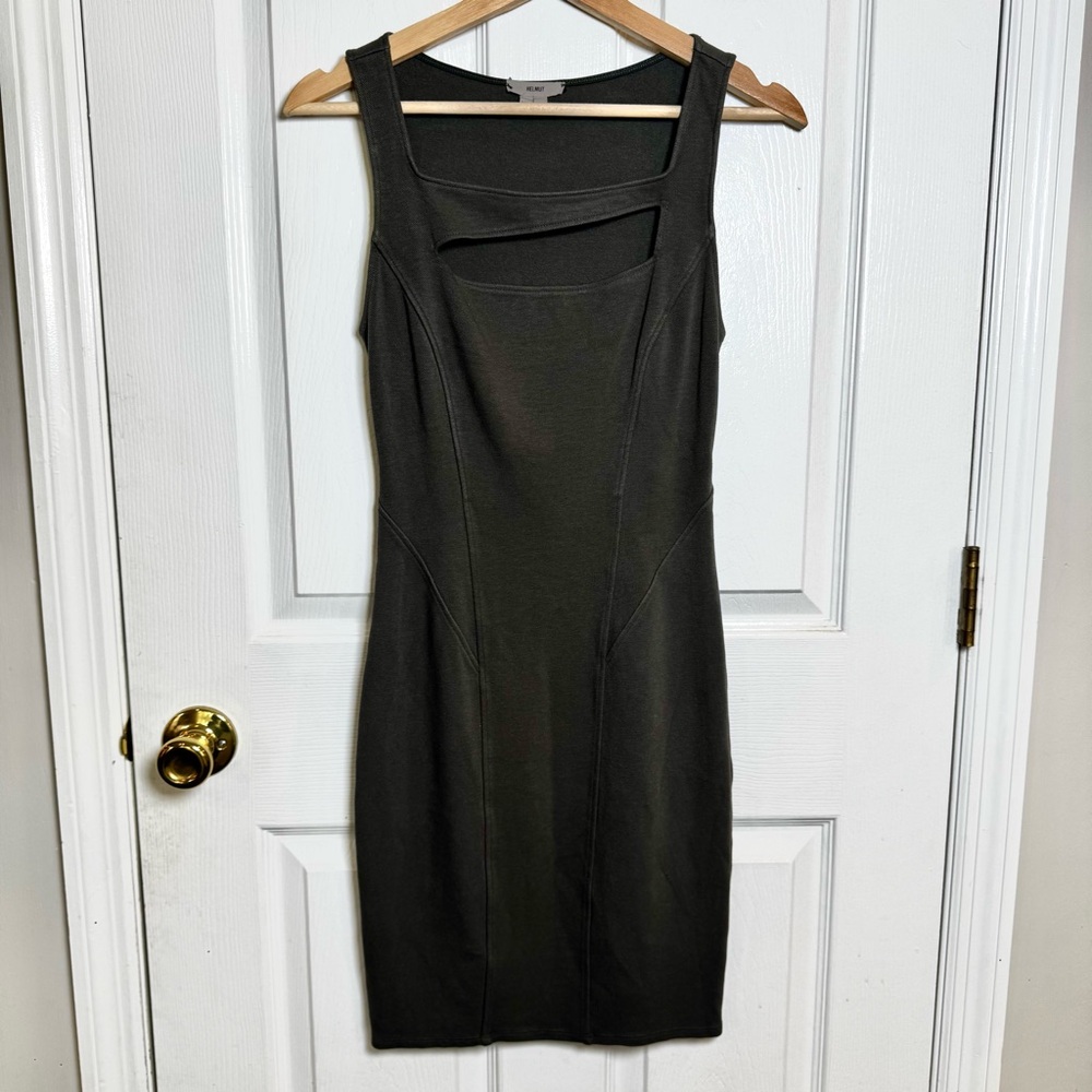 Helmut Lang Charcoal Asymmetrical Strap Sheath Dress Ponte Knit Sz M USA Modern